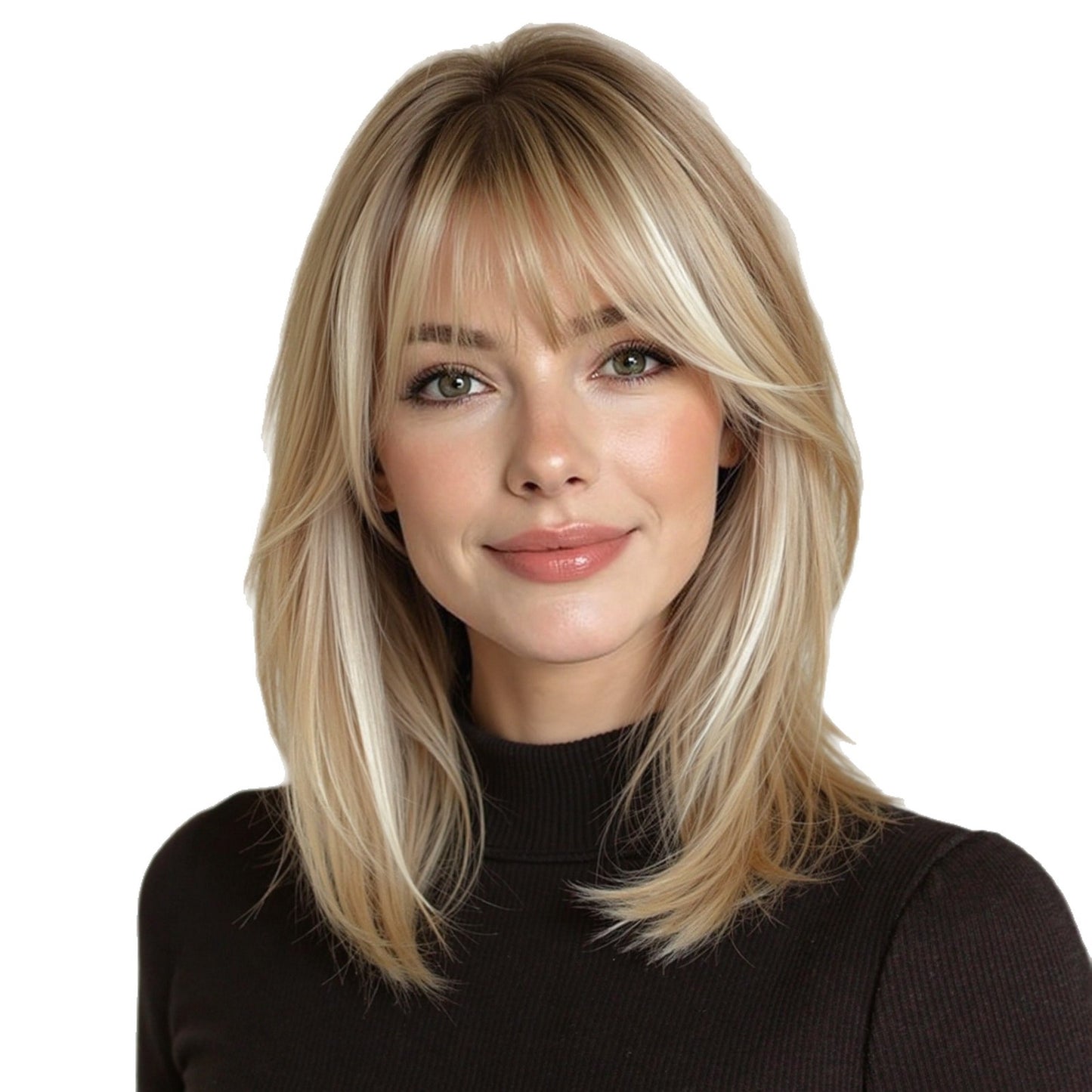 Golden Brown Highlight Air Bangs Natural Wig Short Straight Hair