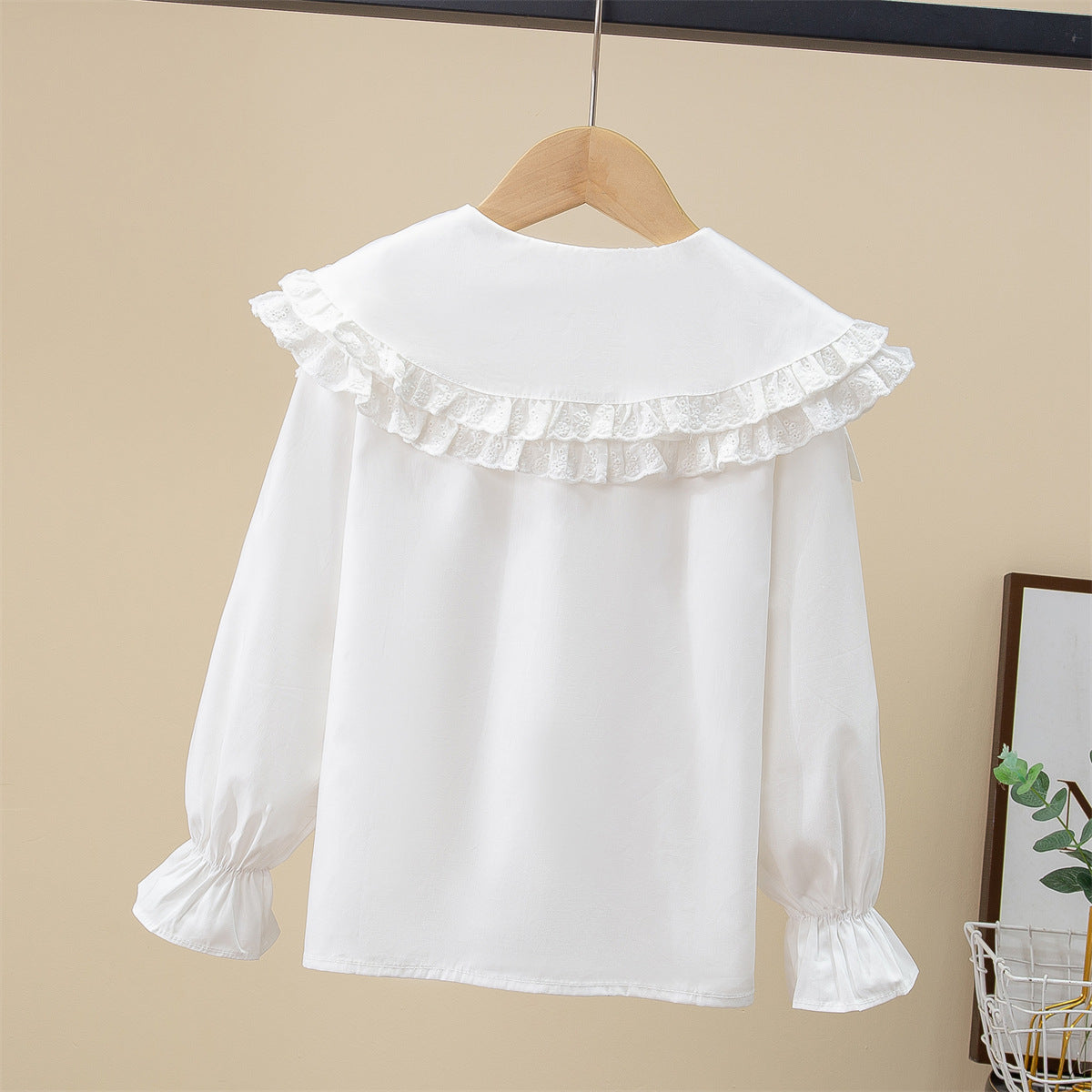 Middle Big White With Lapel Cotton Long-sleeved Spring Casual Children's Shirt
