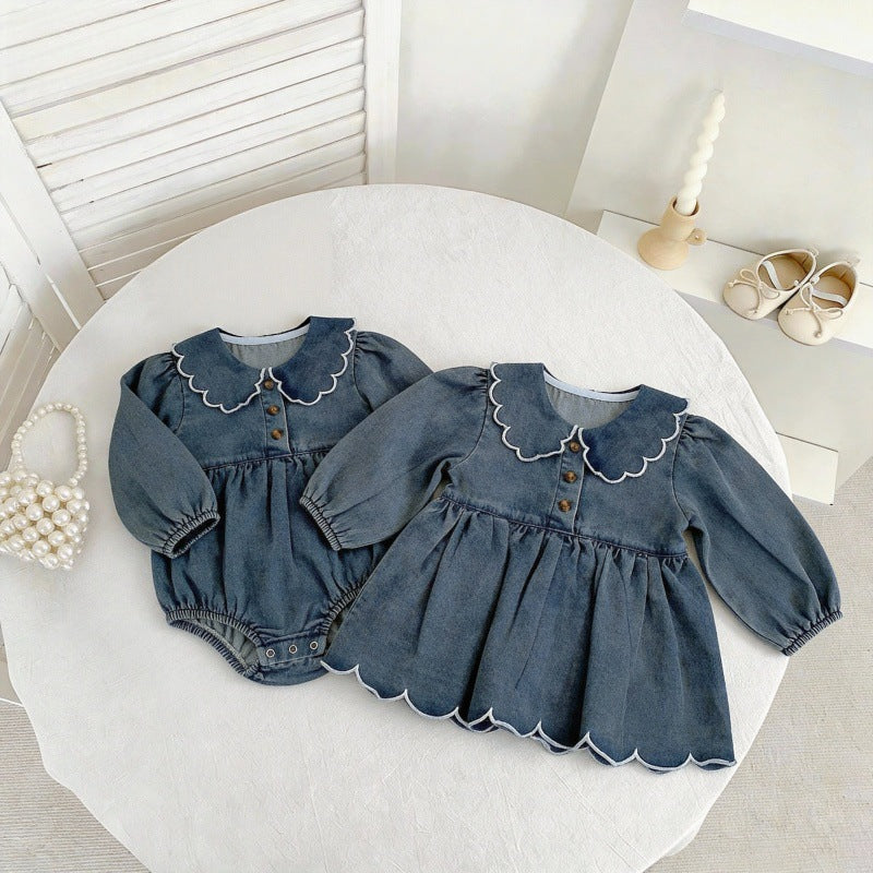 Infant Jumpsuit Wave Lace Denim Princess Dress Western Jumpsuit, Climbing Suit
