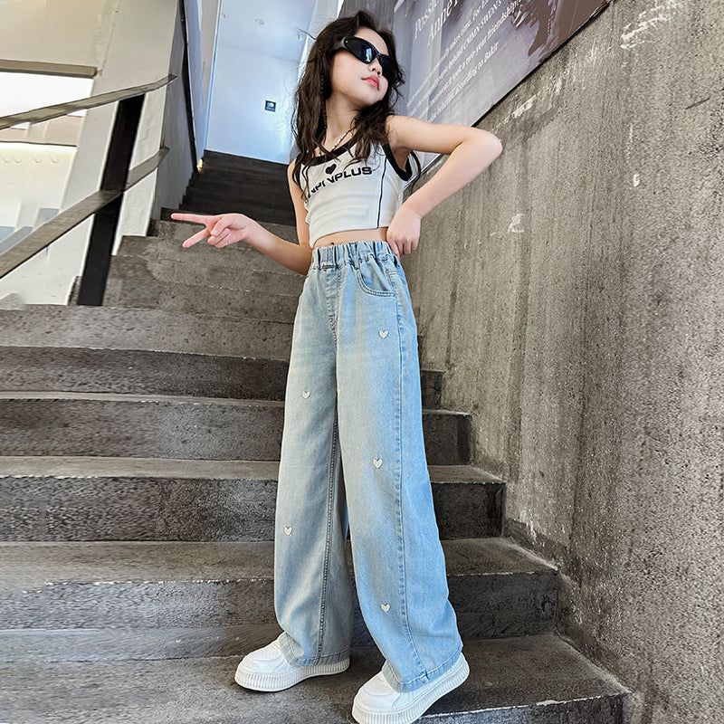 Autumn Western Style Little Love Embroidered Jeans Children's Pants
