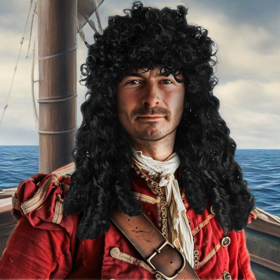 Men's Pirate Ship Captain Long Curly Black Halloween Cos Wig