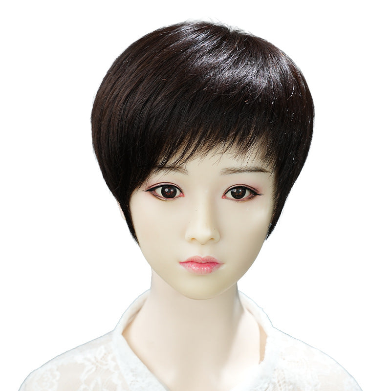 Bangs Wave Head Cover Gray Hand Woven Rotation Sheath Wig Short Straight Hair