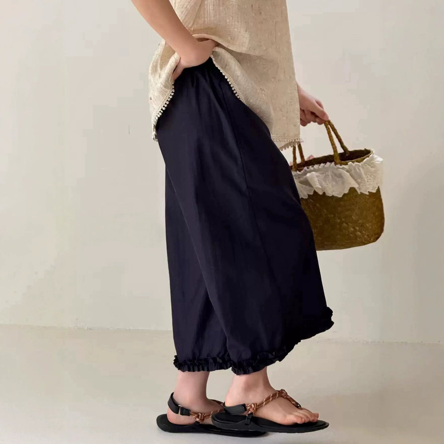 Children's Summer Solid Color Medium Big Korean Lace Children's Pants