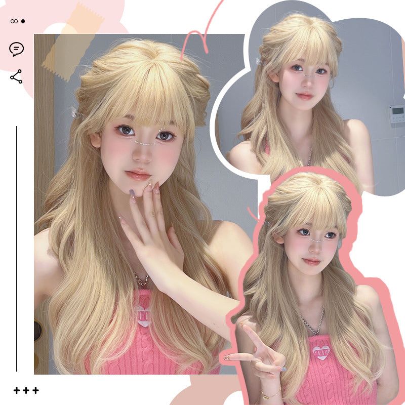 Women's Curly Milk Tea Golden White Whole Top Fashion Naturally Invisible Wig Long Curls