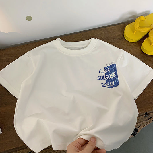 Children's Black Technology White Short-sleeved Breathable Cotton Casual Top Children's T-shirt