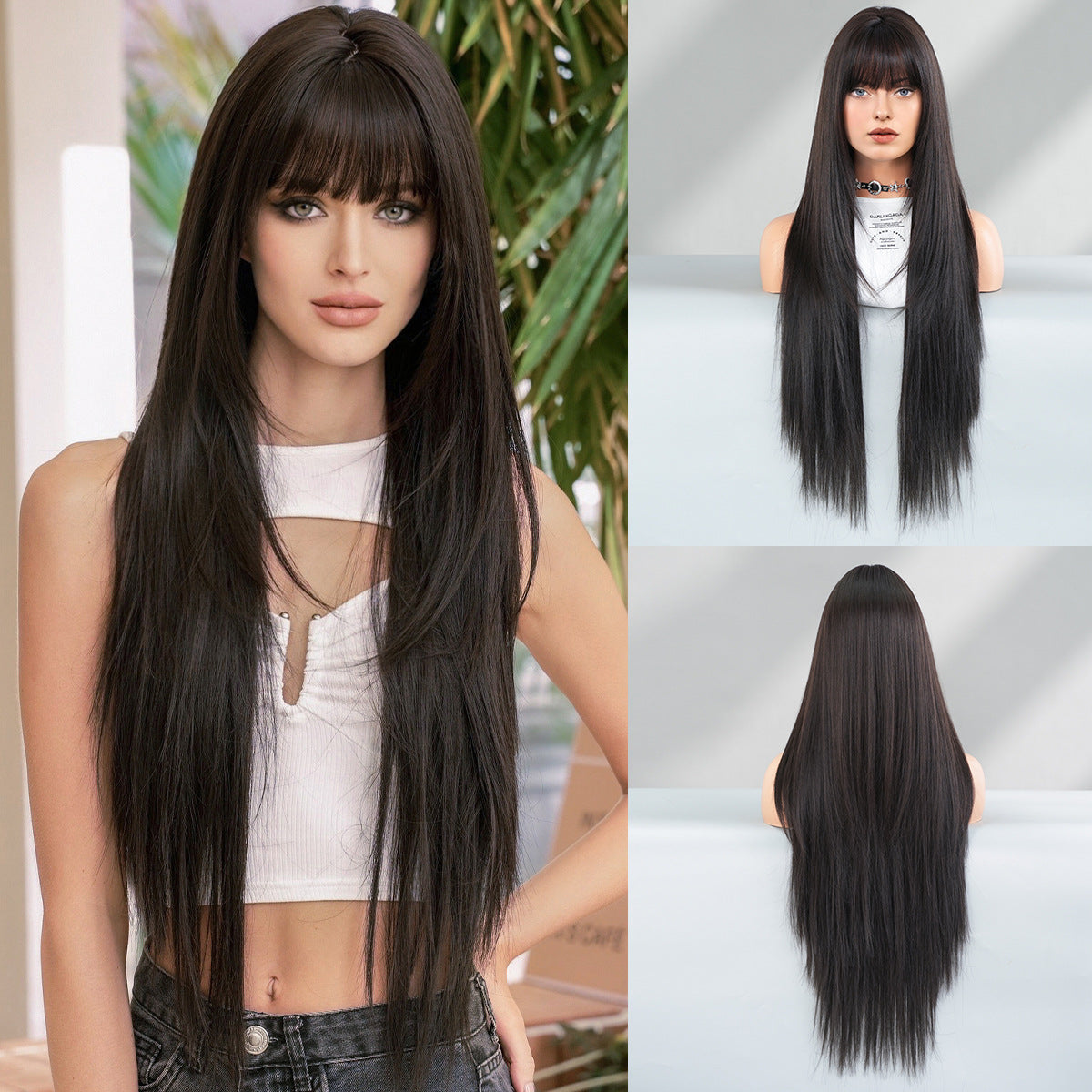 Black Full Top Bangs High Quality Chemical Long Straight Wig