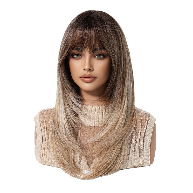 Brown Gradient Bangs Top Dyed Layered Wig Long Curls