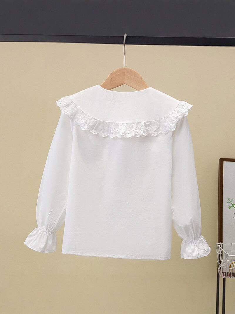 White Doll Collar Pure Cotton Long-sleeved Lace Lapel Princess Children's Shirt
