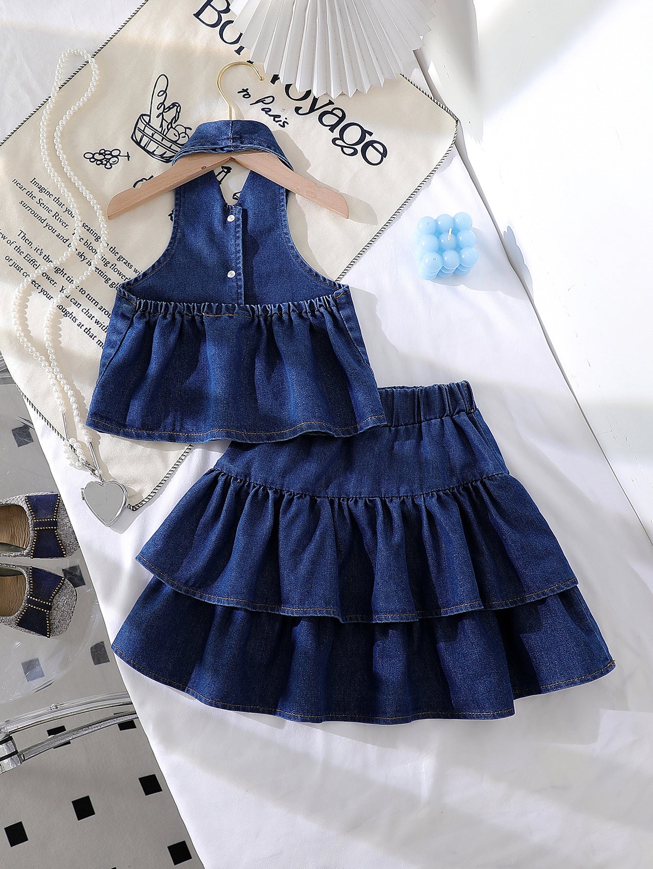 Fashionable Halter Lapel Denim Vest Skirt Children's Suit