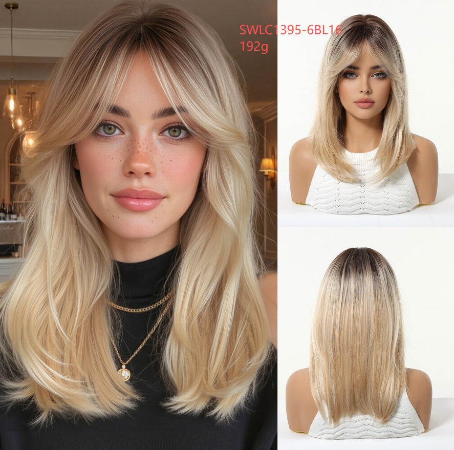 Gradient Gold Female Medium Hair Style Long Straight Wig