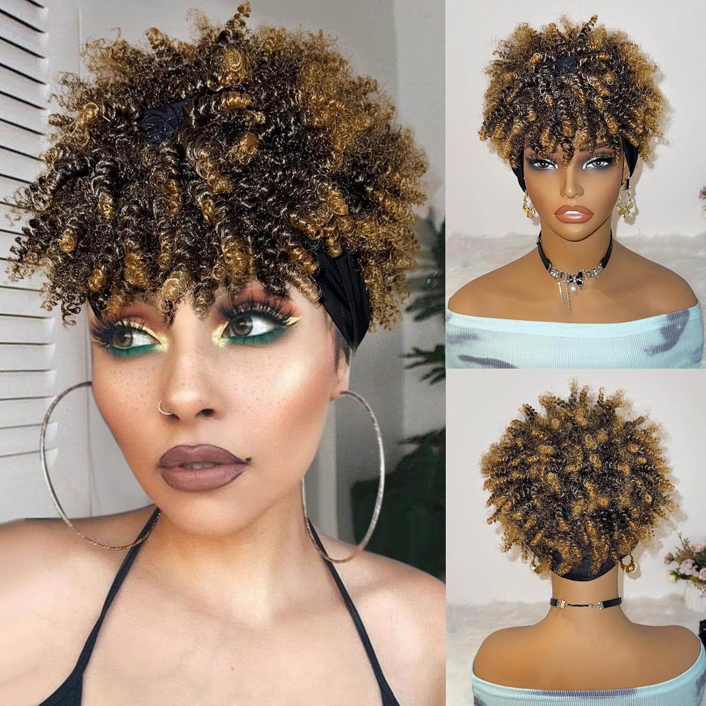 Women's African Small Bangs Integrated Headband Chemical Wig Short Curly Hair