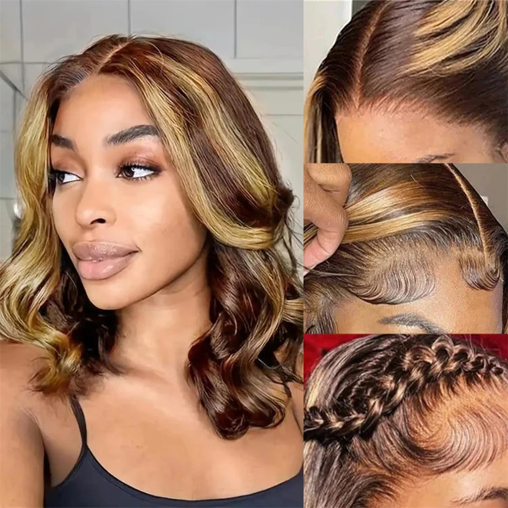 Colorful Gradient Lace Forehead Highlight Brown Mixed Gold Wig Short Curly Hair