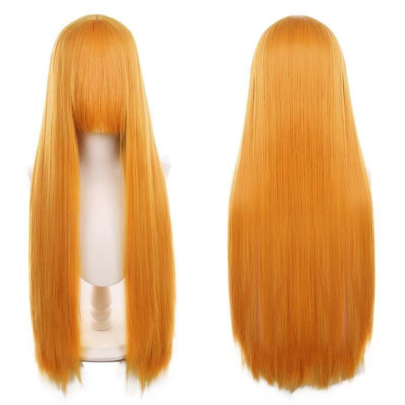 Universal Round Head Leather Top Length Bangs Mao Shape Rose Long Straight Wig