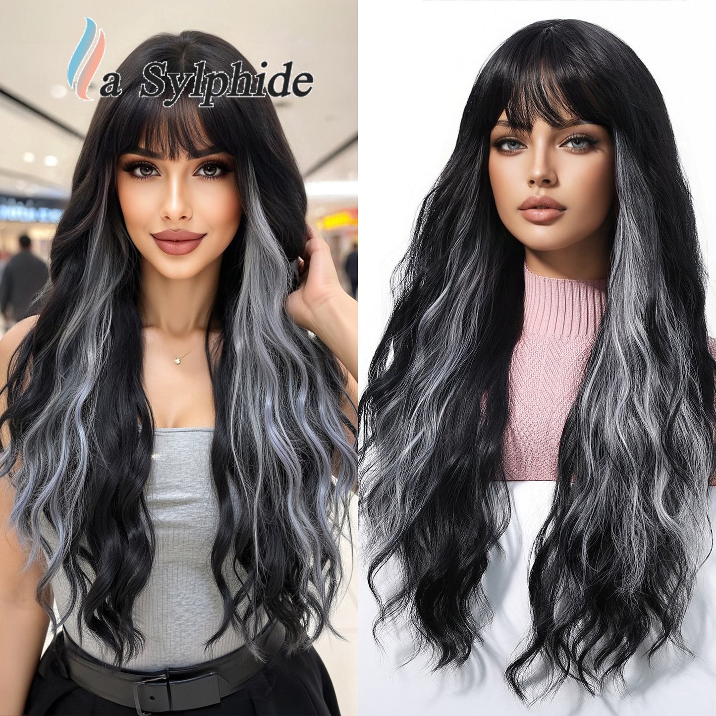 Female Bangs Pink White Gold Color Rose Wig Long Curls
