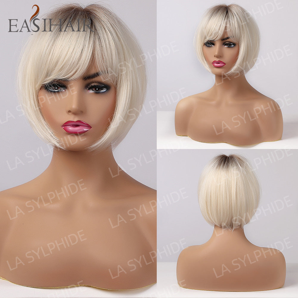 Female Brown Gradient Golden Mechanism Fiber Wig Short Straight Hair