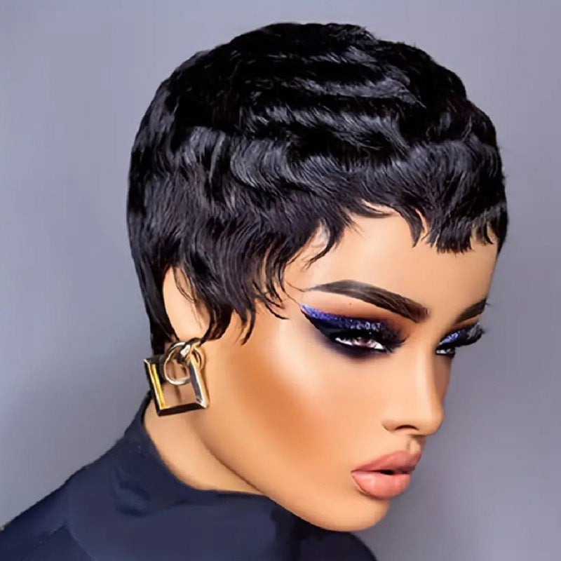 Women's African Black Elf Personalized Fiber Rose Net Head Wig Short Curly Hair