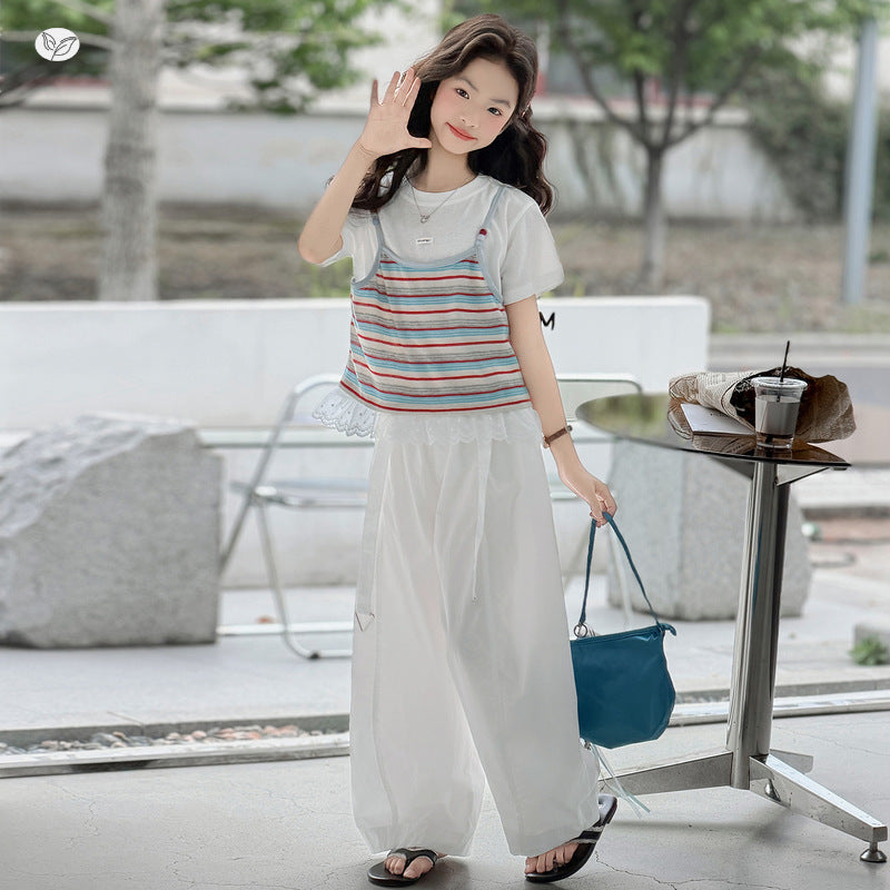 Two-piece Suspender T-shirt Pants Summer Middle Big Lace Striped Short Children's Suit