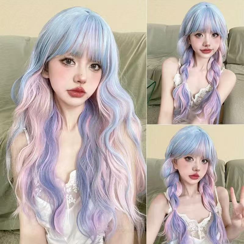 Women's Coffee Pink Gradient Headgear Chemical Fiber Wig Long Curls