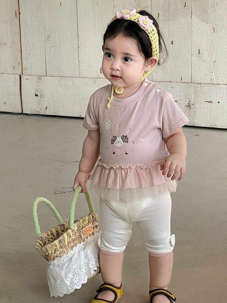 Summer Korean Style Cartoon Print Top Lace Stitching Short Children's T-shirt