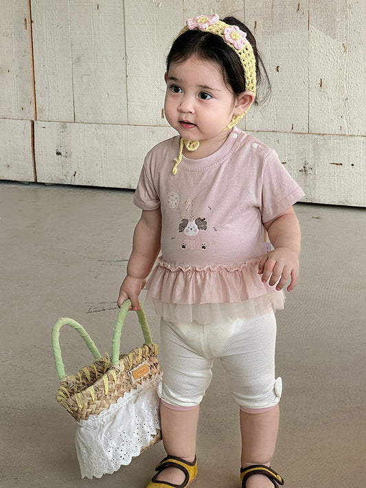 Summer Korean Style Cartoon Print Top Lace Stitching Short Children's T-shirt