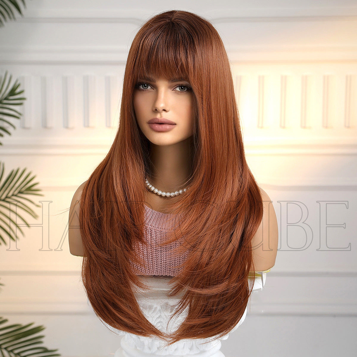 Hair Head Cover With Bangs Mid-length Orange Natural Long Straight Wig