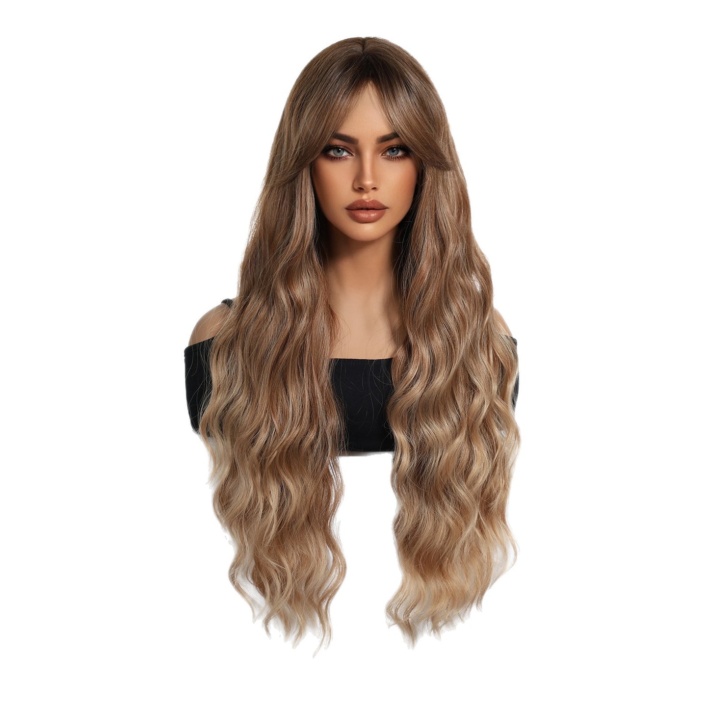 Female Bangs Super Curly Brown Fiber Mechanism Head Cover Wig Long Curls
