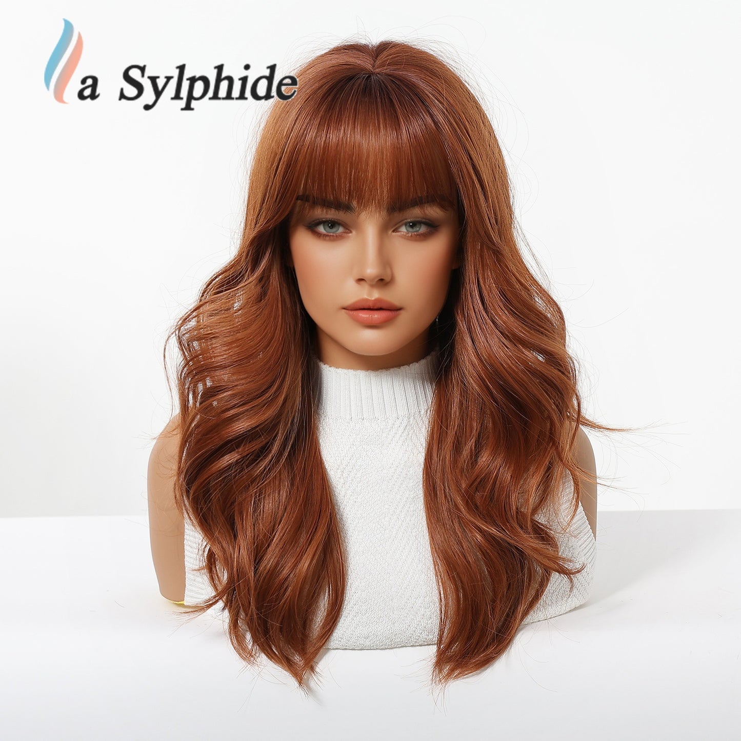 Straight Bangs Orange Rose Net Flip Natural Soft Fashion Large Wig Long Curls