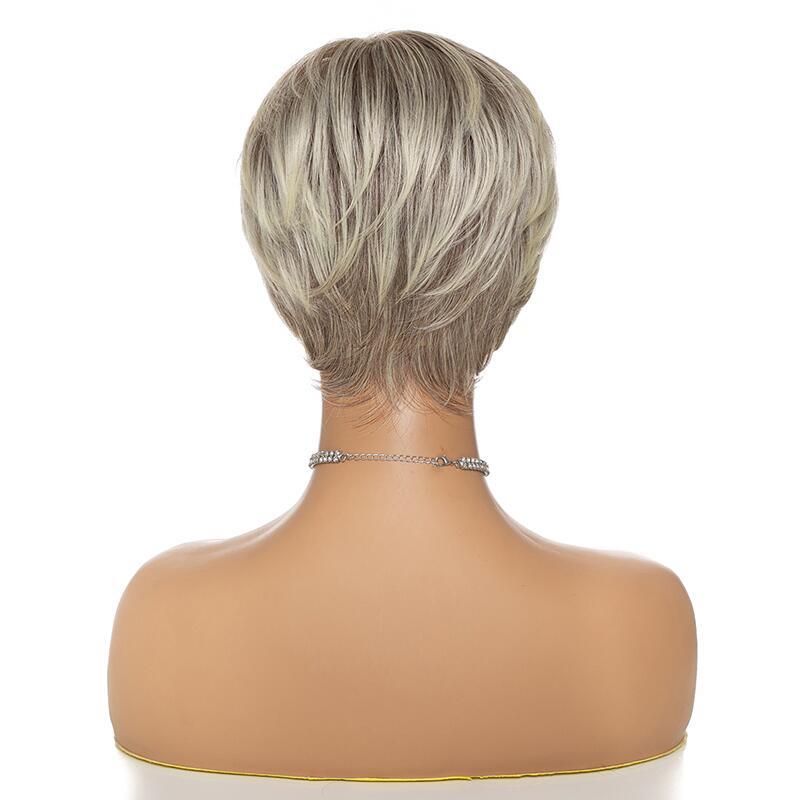 Women's Fluffy Gradient Gray White Side Bangs Rose Net Wig Short Straight Hair