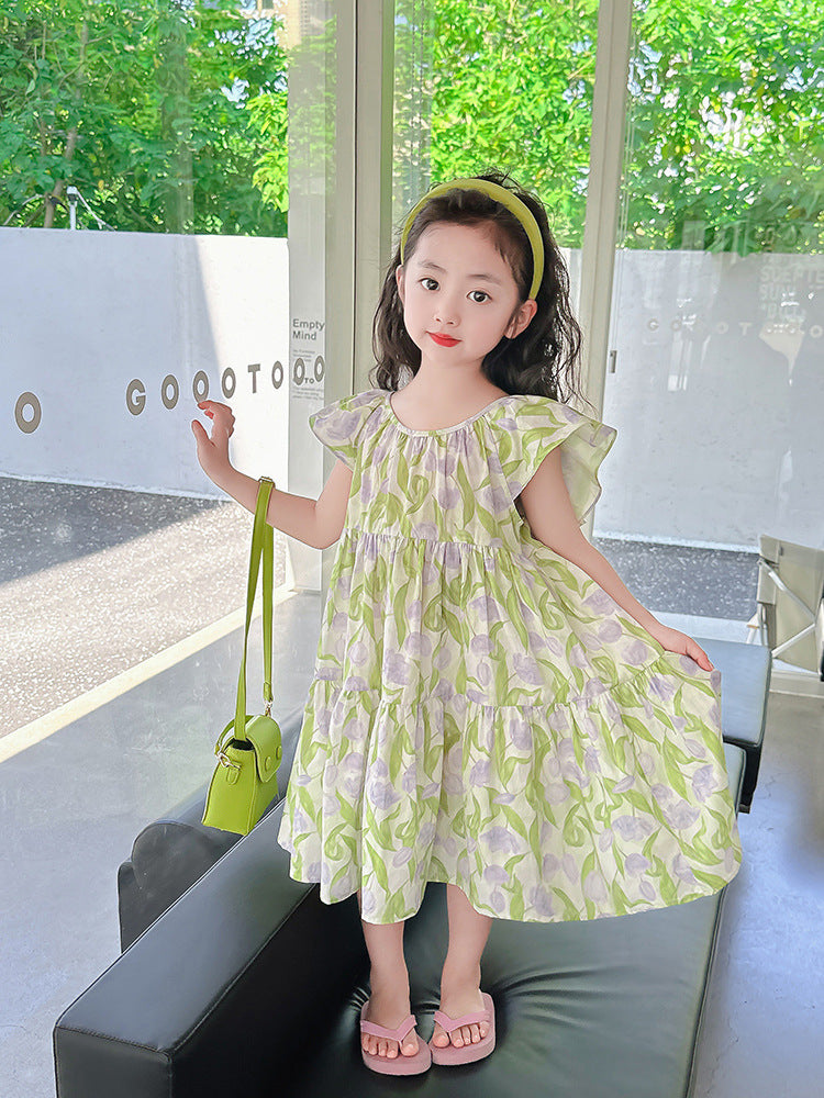 Ruffled Collar Floral Tulip Sweet Kindergarten Primary School Children's Dress