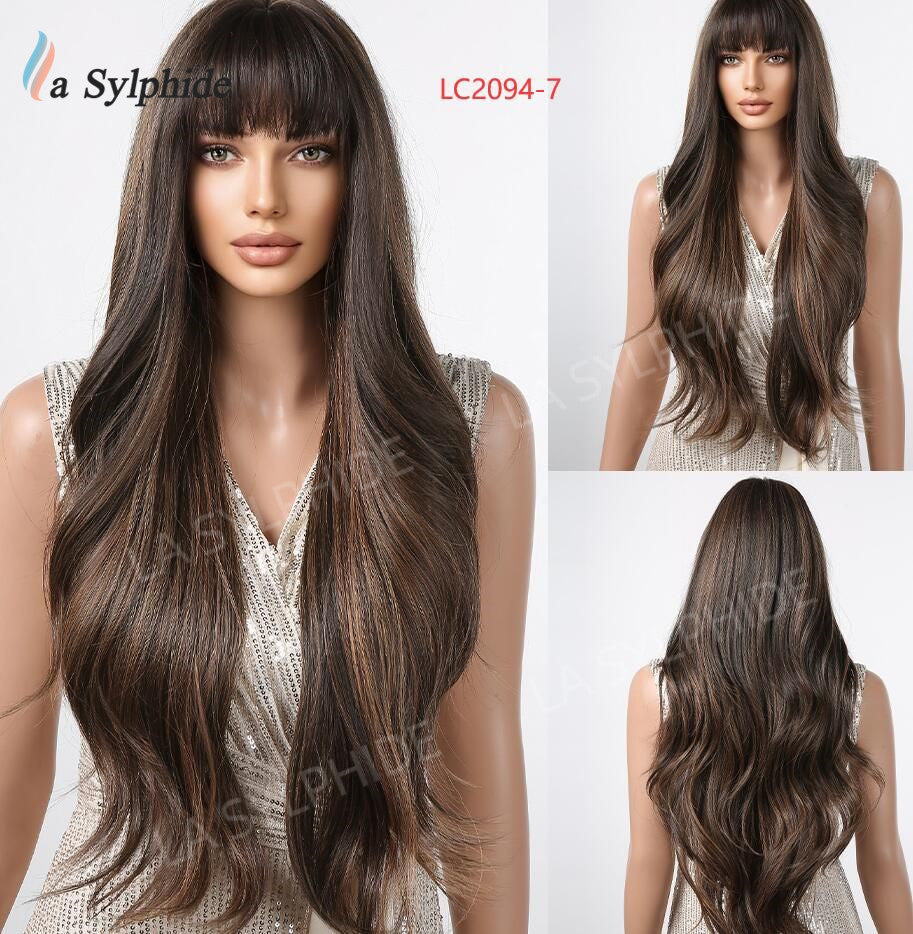 Curly Female Bangs Brown Golden Purple Wig Long Curls