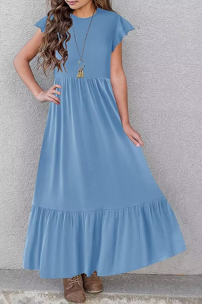 Crew Neck Casual Elegant Layered Super Long Children's Dress