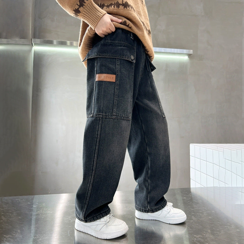 Children's Clothing Straight Jeans Overalls Medium Big Autumn Pu Children's Pants