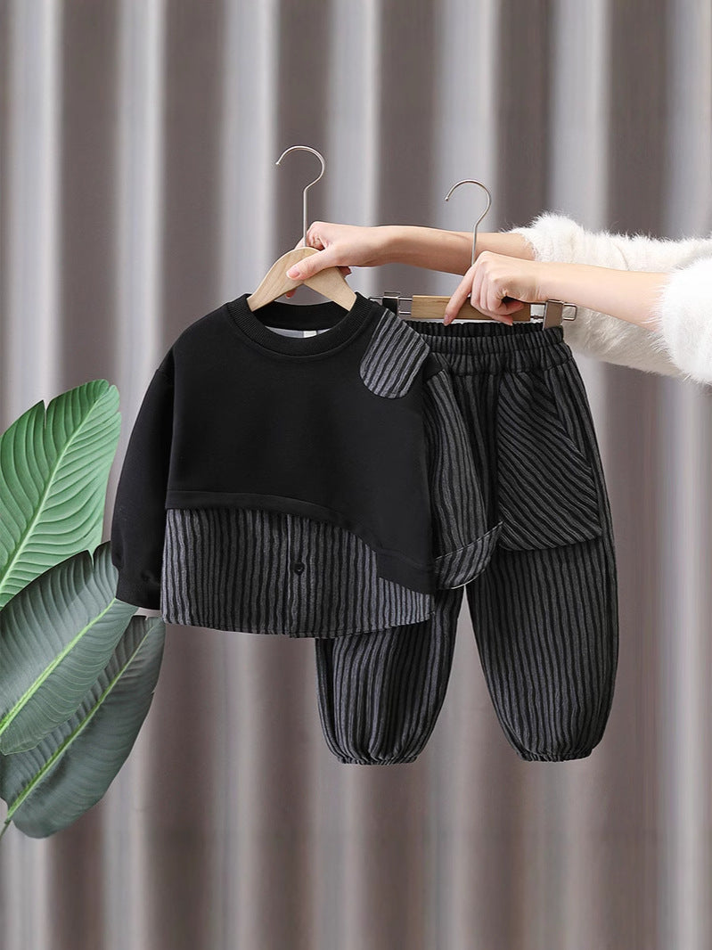 Children's Boys Spring Clothing Western Style Striped Fake Two Pieces Sweater Children's Suit