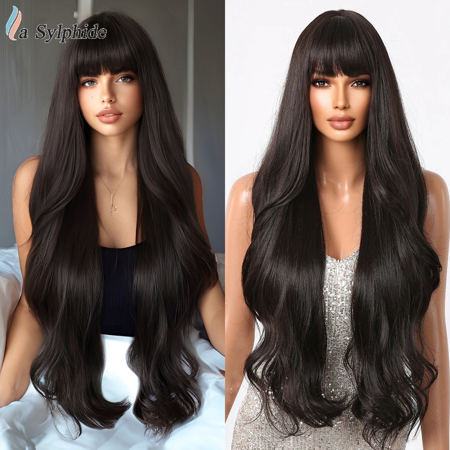 Female Big Wave Roman Curly Bangs Hair White Gold Color Wig Long Curls