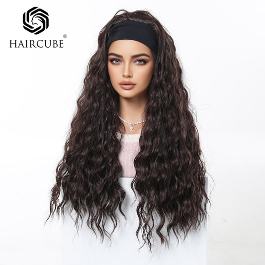 Women's Band Head Cover Small Curly Dark Brown Asian Wig Long Curls