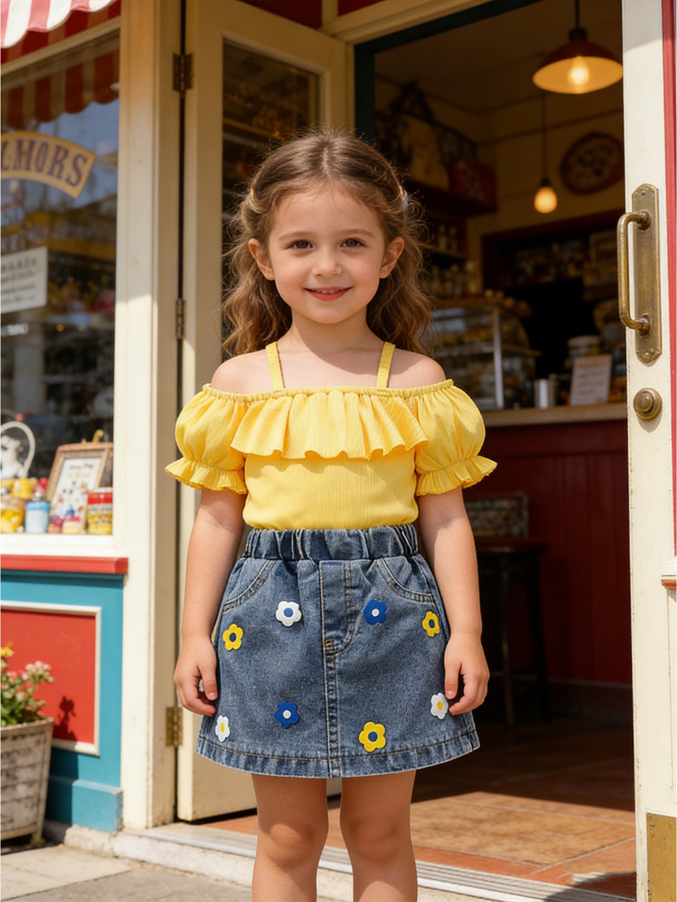 Pastoral Style Lotus Leaf Strap Top Embroidered Children's Suit