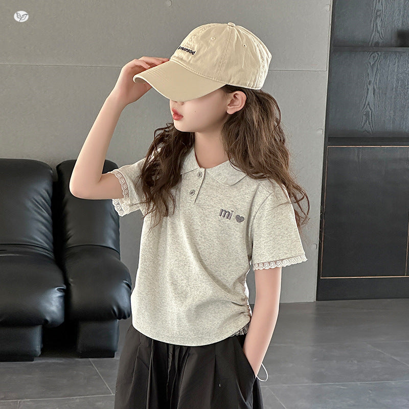 Shirt Short-sleeved Summer The Big Short Lace Blouse Slim Children's T-shirt