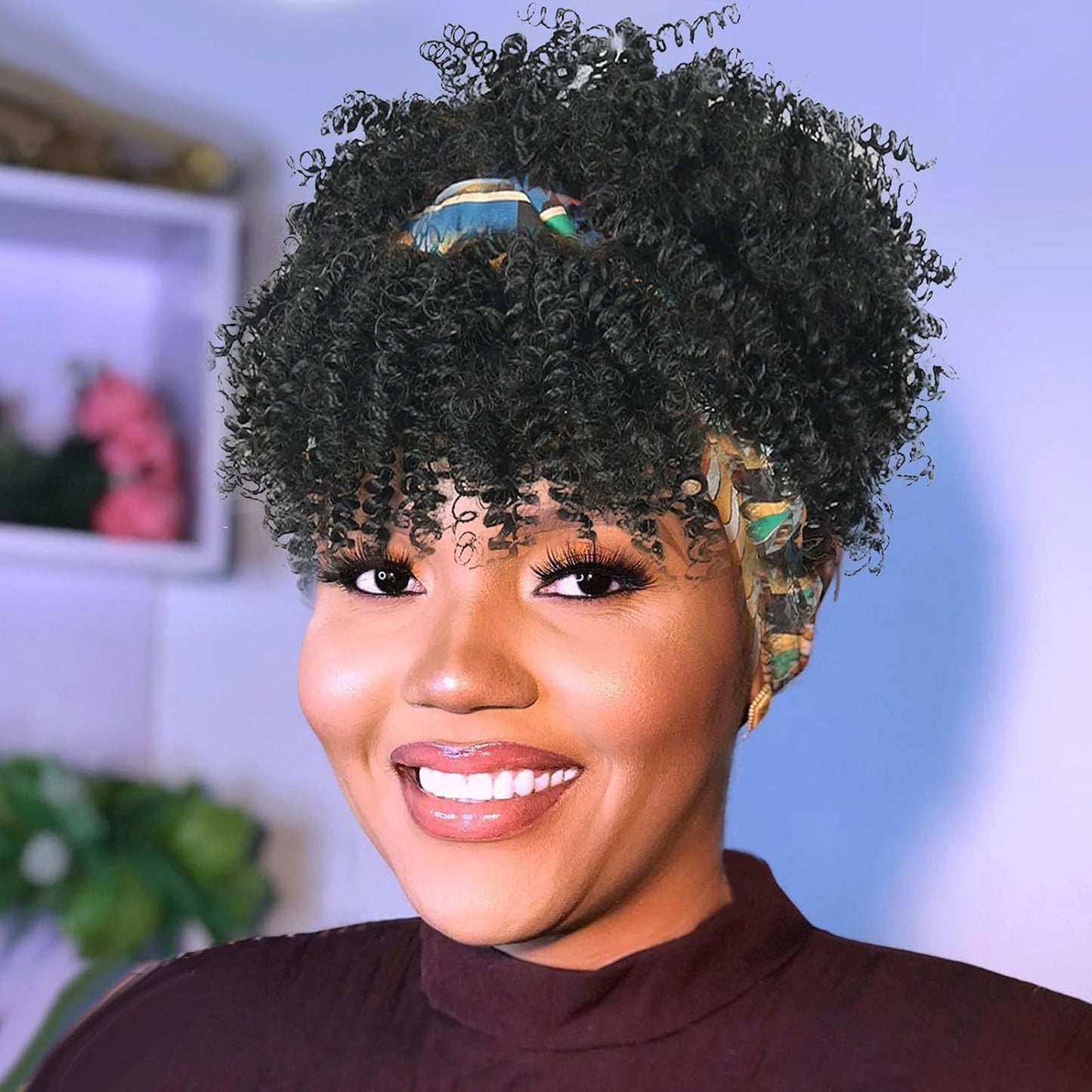 Small Turban Female Headband Bangs Fluffy Wig Short Curly Hair