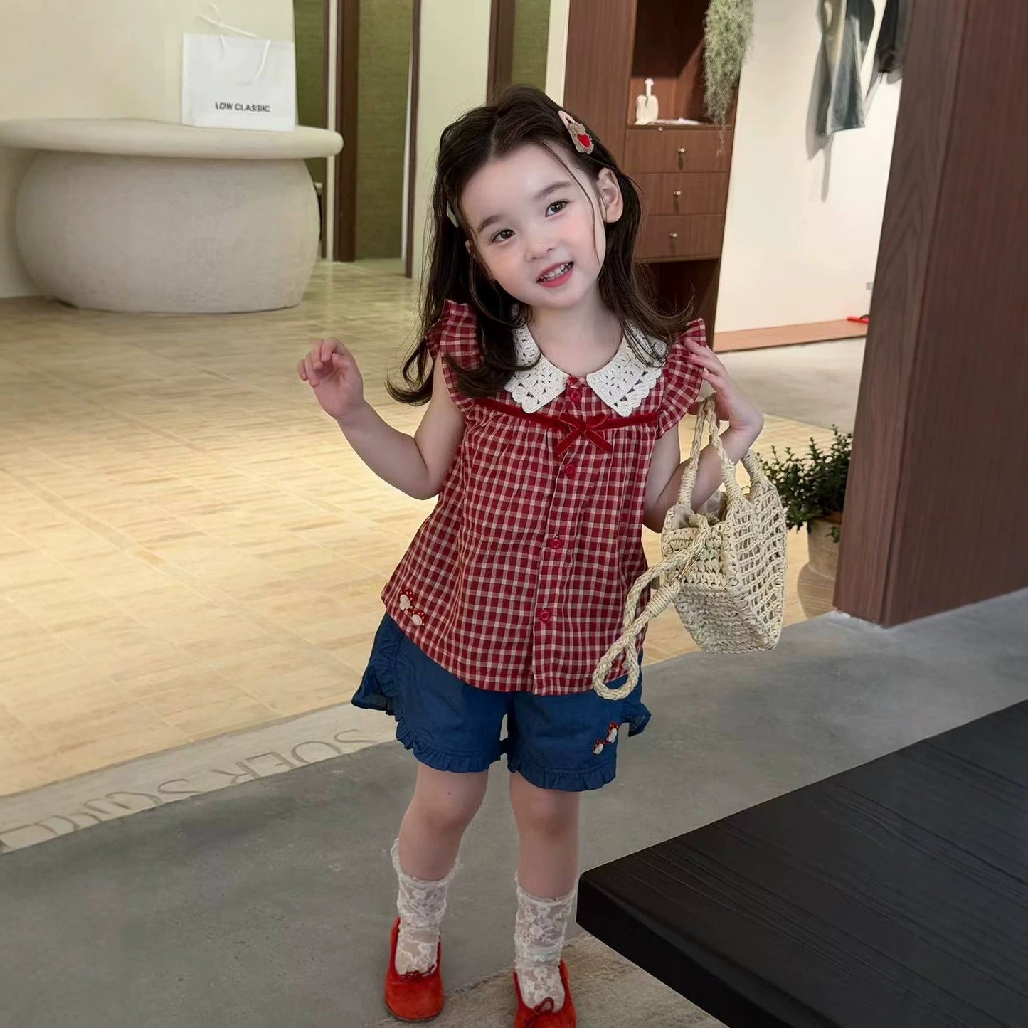 Shorts Suit Style Plaid Flying Sleeve Children's Shirt