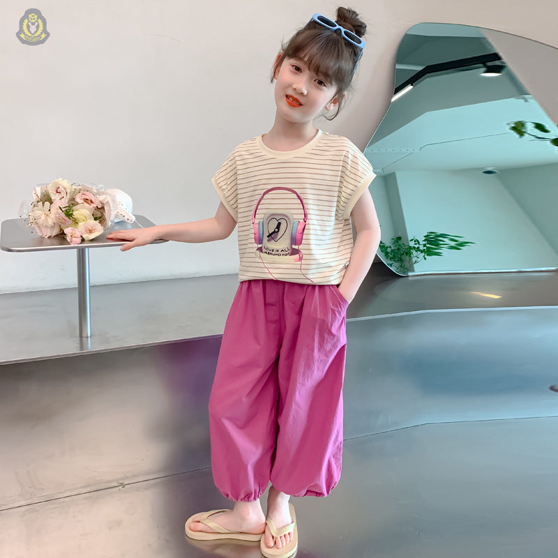 Summer Suits Western Style Fashion Striped Cartoon Casual Two-piece Children's Suit