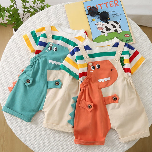 Stripes Round Neck Short Sleeve Leisure Suspender Pants Children's Suit
