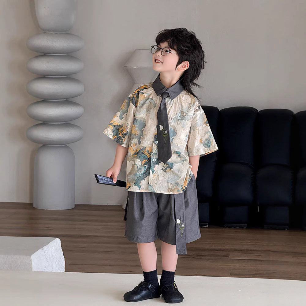 Children's Suit Short-sleeved Korean Style Loose Fashionable Beach Shorts Children's Shirt