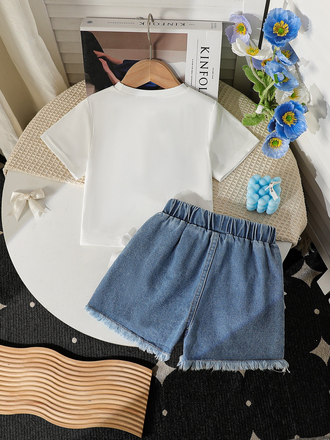 Round Neck Printed Knitted Top Denim Beaded Embroidered Jeans Children's Suit
