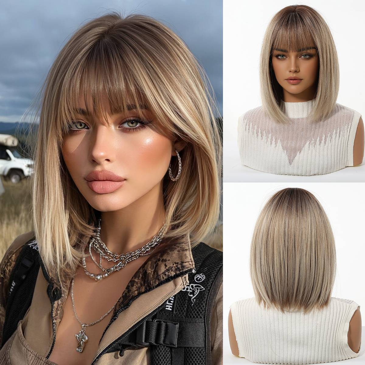 Gradient Brown Highlights Air Bangs Natural Realistic Chemical Fiber Full Wig Short Straight Hair