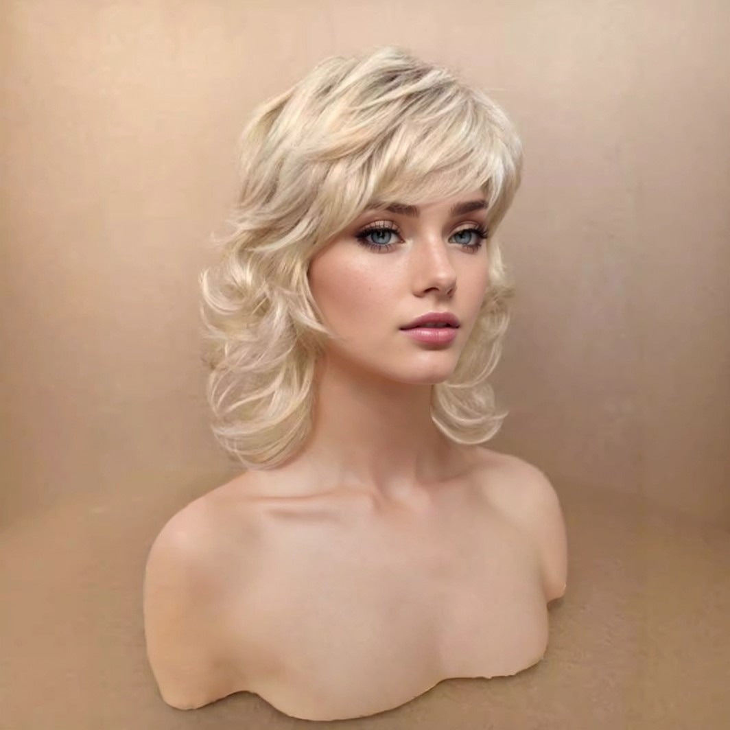Women's & Men's Golden Curly Hair Fluffy Partial Side Bangs Wig Long Curls
