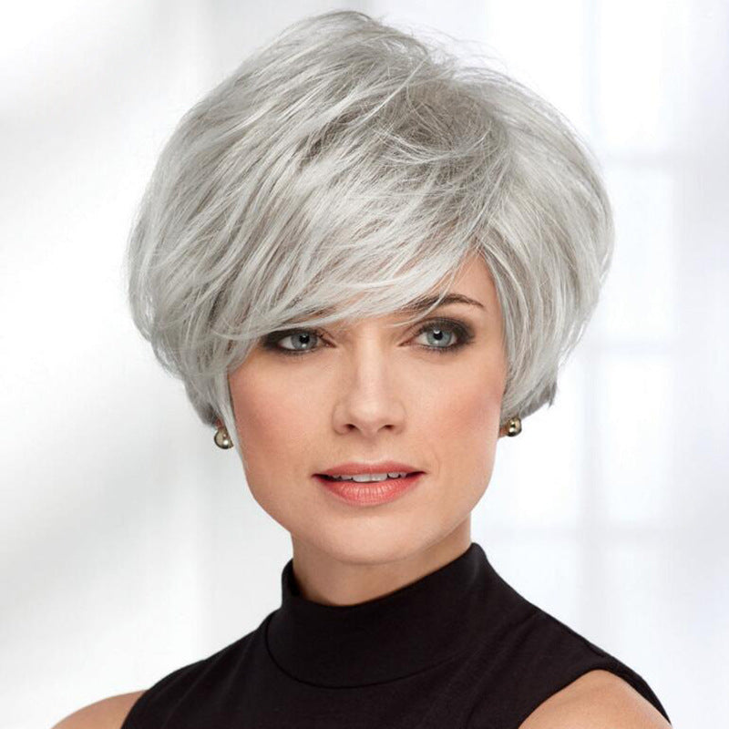 Women's White Sier Gray Chemical Fiber Straight Wig Short Curly Hair