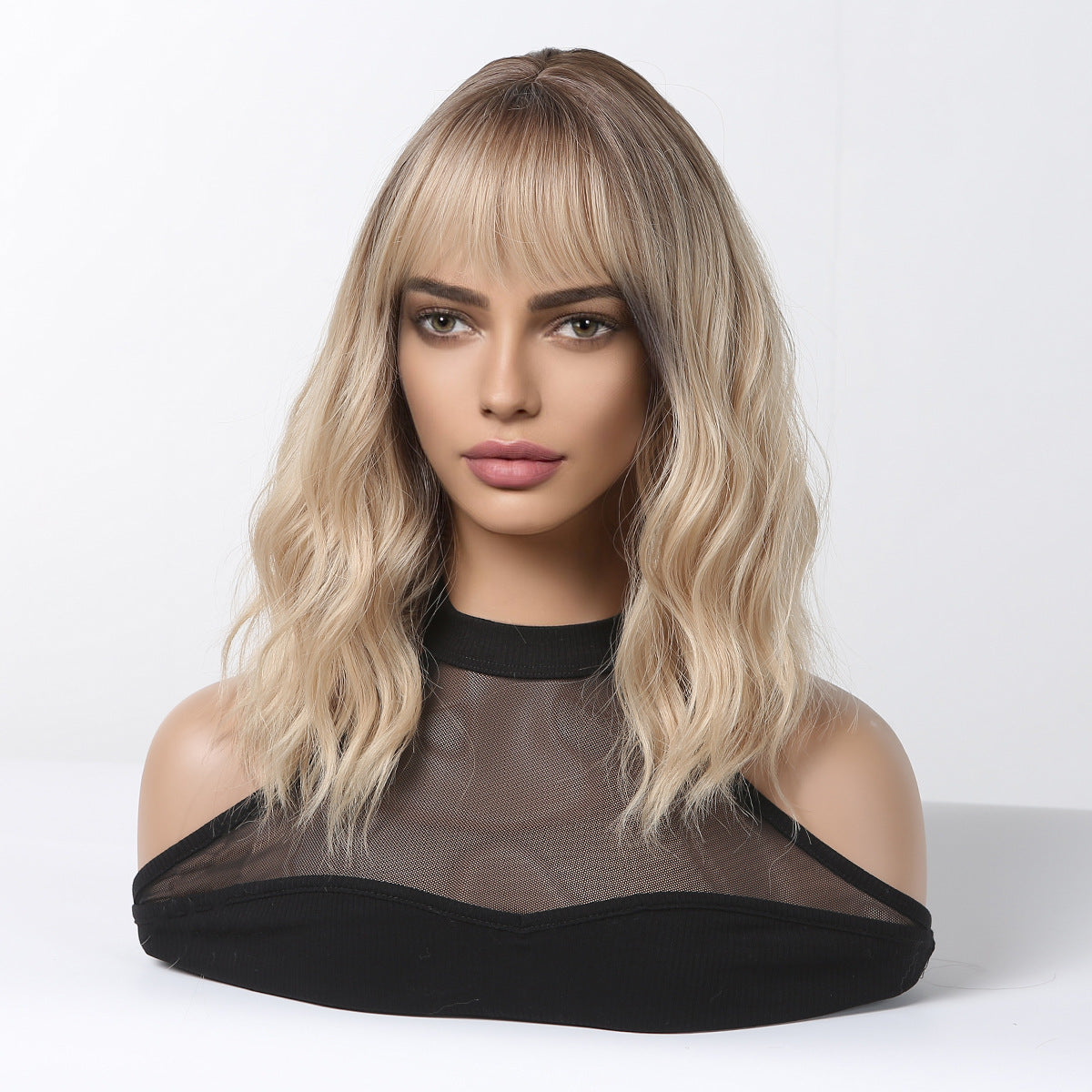 Water Ripple Black Gradient Golden Full Top Roll Chemical Wig Short Curly Hair