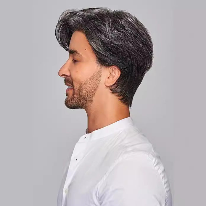 Men's Black White Bangs Partial Split Fluffy Piece Of Men's Wig