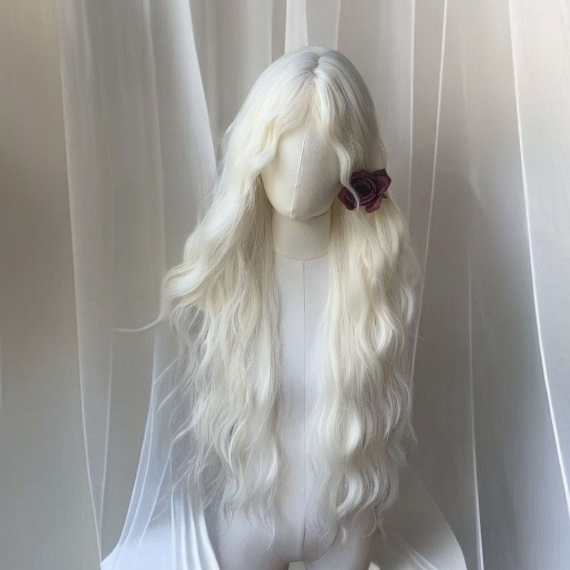 Women's Mid-length Bangs White Curly Hair Big Wave Feeling Wig Long Curls