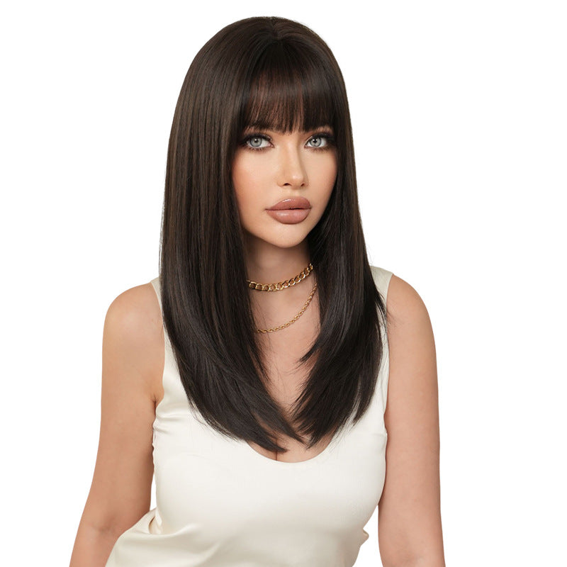 Quality Female Natural Black Layered Bangs Long Straight Wig